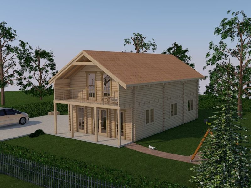 Een 3D-weergave van een twee verdiepingen tellend Stamhuis-model Mosel DeLuxe houten huis met een balkon, omgeven door bomen. Naast het huis staat een auto geparkeerd, en een kleine hond