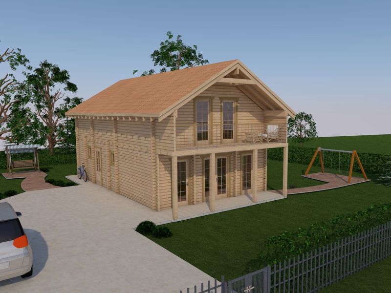 3D rendering of a two-story log house model Mosel DeLuxe with a gabled roof and large windows, featuring a driveway with a parked car, a lawn, and a swing set in