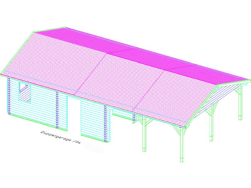 3d wireframe model of a single-story building with a gabled roof, featuring prominent front pillars and visible support beams. the model uses pink and green lines on a white background.